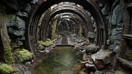Naklejka premium Subterranean tunnel with rock walls, steel supports, and water passage, illuminated by faint lights, steps lead to the unknown.