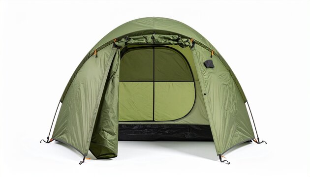 Camp calm — green dome tent with open flap and mesh window, pitched on flat ground, symbol of outdoor shelter and solitude