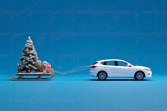 White car pulling a christmas tree on a sled with presents