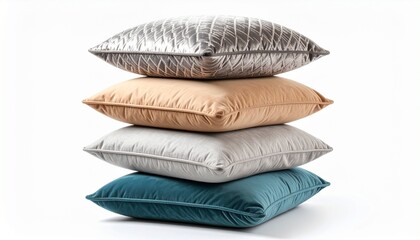 Stacked comfort — four pillows in vertical pile, mix of solid and checkered patterns, soft tones.