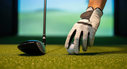 Golfer preparing to tee off on green turf with golf club and ball close up