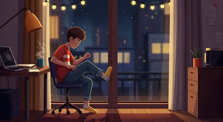 Person Relaxing Indoors at Night, Cartoon Style Illustration