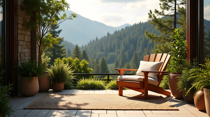 Obraz premium A cozy Adirondack chair on a tiled patio overlooking a serene forest and mountains