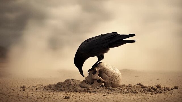 On cracked desert ground, a raven stands on a skull, the skull split and dry. Death lingers, bone remains, the raven watches. Raven, skull, bone, dry desert all signs of decay and time.