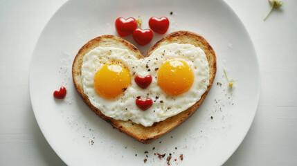 Heart Shaped Breakfast, Valentine's Day Concept, Heart shaped fried egg of love place on white table for breakfast.
