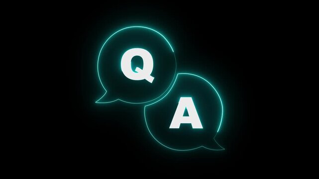 Glowing neon Question and Answer icon isolated on black background. Q and A symbol. Animation for Support and Communication.