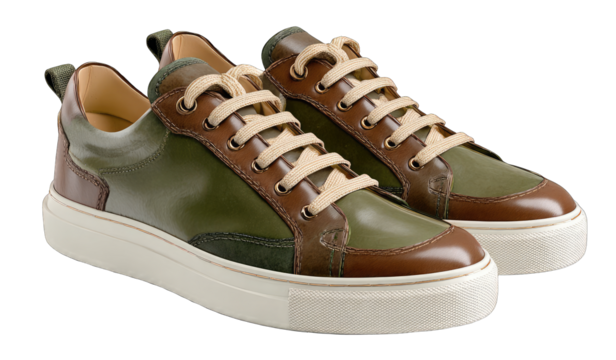 Pair of olive green & brown leather sneakers with cream laces