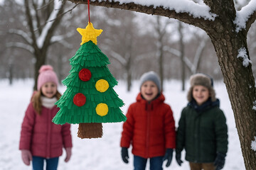 Christmas Tree Pinata Hanging from Snowy Tree Branch with Children in Winter Clothes Playing Outdoors During Holiday Season Celebration