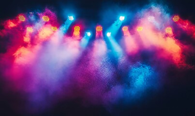 Vibrant stage illuminated by colored spotlights and smoke, capturing the excitement and anticipation of live performances, Generative AI