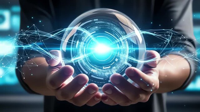 Person holding a glowing orb with intricate digital network and technology designs in their hands global, 4K Vedio