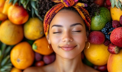 Serene woman amidst colorful, fresh fruits, symbolizing a holistic health lifestyle, with a close-up on her relaxed and content expression, Generative AI