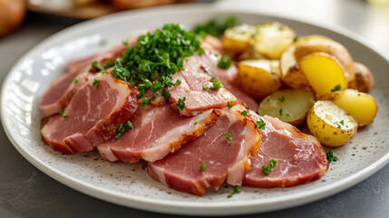 A plate with smoked leg ham, thin slices with potatoes and fine herbs. 