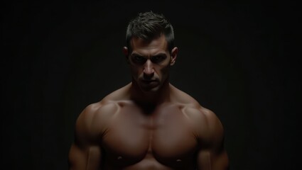 Fototapeta premium A powerful, intense male figure, showcased against a dark backdrop, exudes confidence and strength through its focused gaze and sculpted physique.
