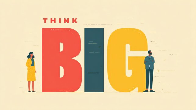 Think Big: Two figures stand on each side of bold BIG letters, the image's message of ambition and growth is striking and optimistic, and inspires action and vision