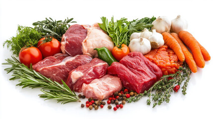Some fresh vegetables and meat are placed in a heart shaped, isolated on white background. 3d illustration.