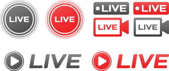 Live Streaming Red Black Grey Round Square Video Camera icon set with Text Play sign. Broadcasting buttons and symbols. online stream icons logo. vector illustration transparent background.