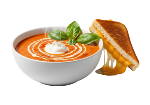 transparent ceramic bowl of creamy tomato bisque with fresh cream, basil, and golden grilled cheese sandwich, on transparent with soft studio lighting, inviting comfort food still life