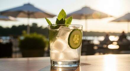 Refreshing gin and tonic cocktail with cucumber and mint at sunset