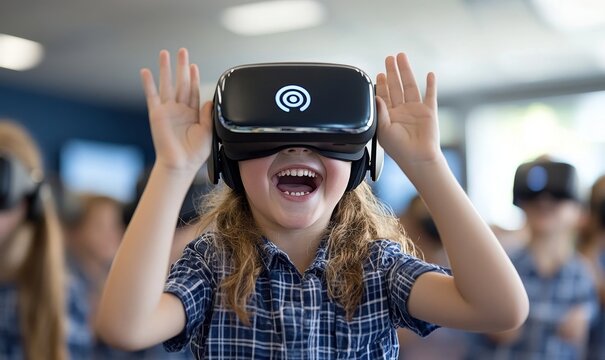 Enthusiastic child wearing a VR headset, demonstrating the application of Virtual Reality in education, offering immersive learning experiences enabled by technology, Generative AI