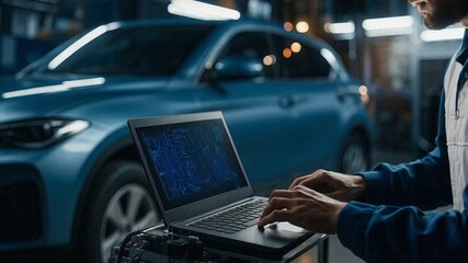 Mechanic using laptop for digital car diagnostics in modern auto repair shop, symbolizing smart technology, vehicle maintenance and innovation. - Powered by Adobe