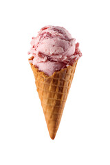 Strawberry ice cream scoop served in a crisp waffle cone