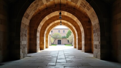 Obraz premium A sunlit passageway with a series of arched stone structures leads to a courtyard beyond.
