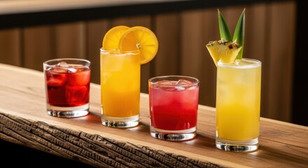 Fototapeta premium Assortment of colorful cocktails with fruit garnishes on a wooden bar counter