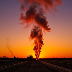 Industrial flare stack against sunset sky