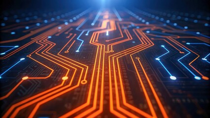 Vibrant circuit board design showcases intricate pathways in orange and blue, symbolizing fusion of forensic cybersecurity in cloud technology