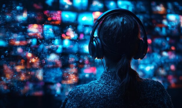 Media streaming concept with a person wearing headphones, symbolizing immersion in multimedia content and the evolving nature of entertainment and communication, Generative AI