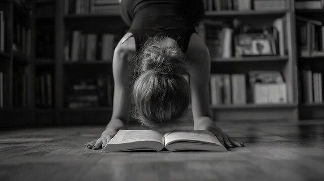 Inquisitive Mind: A woman in a thoughtful pose, her focus drawn to the open pages of a book, nestled within the tranquil setting of a home library.