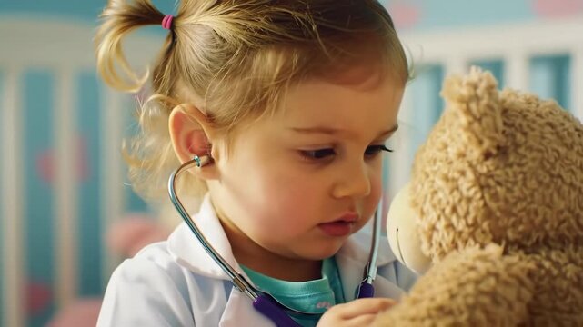 Little Doctor Cute Kid Plays with Stethoscope on Teddy Bear