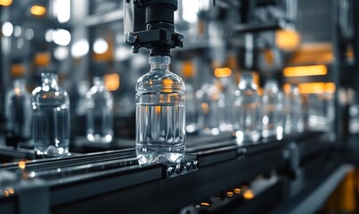 Automated production line in a modern bottling factory, with clear plastic water bottles moving on a conveyor belt, highlighting efficient production practices without brand labels, Generative AI