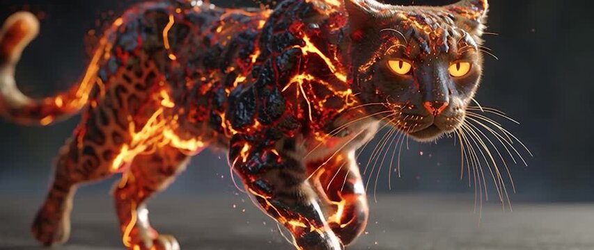 Anamorphic video cat with a body glowing like molten lava, cracks of fiery light running across its fur, and bright, piercing eyes.