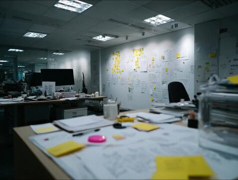 Office Space: A dimly lit office captures the essence of focus and concentration, with scattered documents and brainstorming notes hinting at the creative process