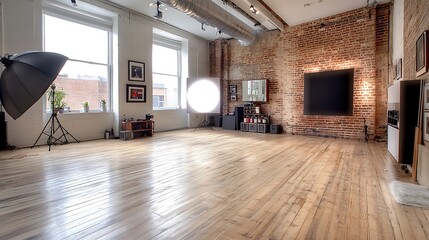 Spacious industrial loft photo studio with exposed brick wall and hardwood floors.