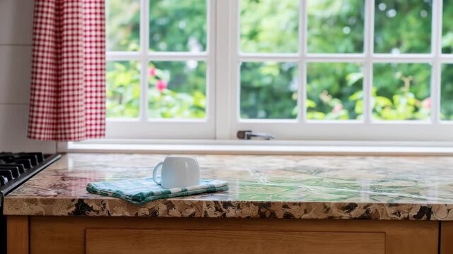 Cozy kitchen scene with patterned counter, cup, and view
