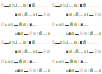 Minimal seamless line pattern with small geometric shapes in soft pastel colors. Modern abstract vector background for fabric, wrapping, or wallpaper design.