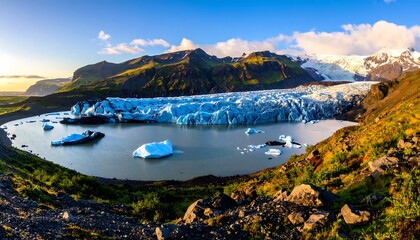 Naklejka premium Panoramic view of glacier and lake at sunrise