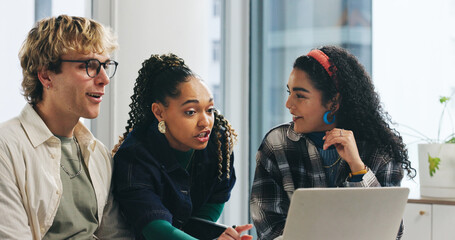 Collaboration, laptop and feedback with business people in office for discussion, review or report. Computer, teamwork or training with employee group together for planning, strategy or brainstorming