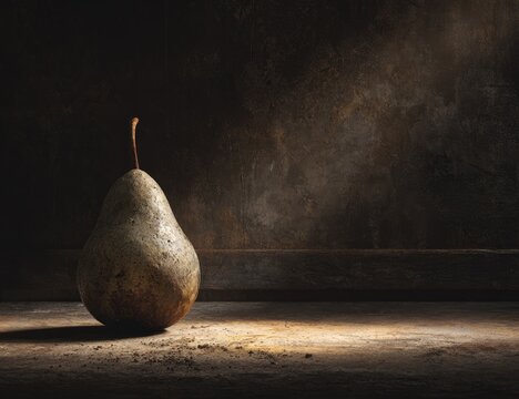 A single, aged pear rests on a rustic wooden surface, dramatically lit against a dark, textured background