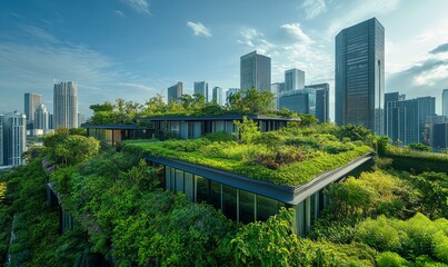 Concept of Green Roof Oases, urban rooftops as vibrant green spaces contributing to biodiversity, cooling effects, and improved air quality, promoting resilience in cities, Generative AI