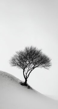 Solitary tree on snowy hill, minimalist monochrome landscape