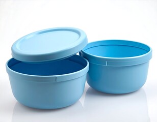 Two light-blue plastic containers, one with lid ajar, sit on a white background