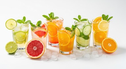 Fototapeta premium Assortment of refreshing infused water drinks with citrus and cucumber isolated on white background