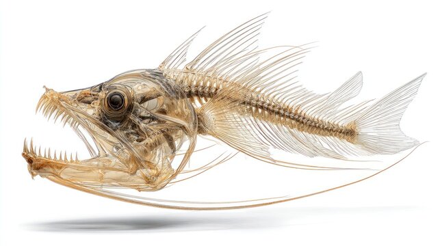 Detailed X ray View of a Deep Sea Fish Skeleton Specimen on White Background