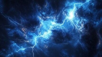 Abstract depiction of vibrant blue lightning bolts striking through dark, swirling clouds, creating a dynamic and energetic atmosphere