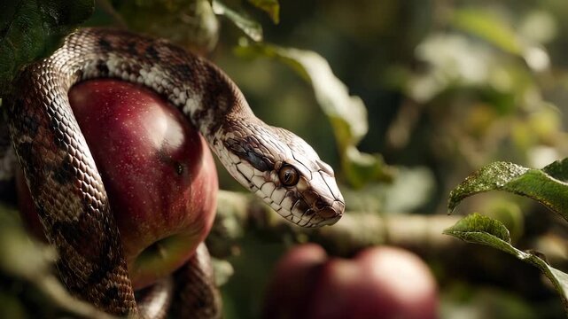 The snake coils around the apple, the serpent watches the apple, the fruit shines under sunlight. Temptation flows from the tree, from the branch, from the scales, as the tongue flickers with ancient