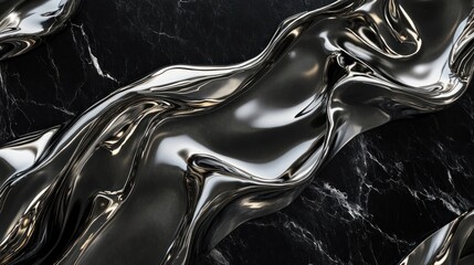 Abstract image of a flowing, reflective, metallic substance resembling liquid mercury or polished metal, draped across a dark marble surface.