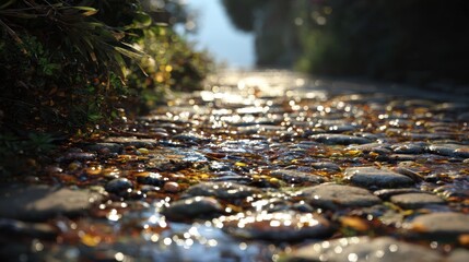 Fototapeta premium Sunlight reflects off a quaint cobblestone path, creating a magical and inviting scene, perfect for a peaceful stroll in the countryside.